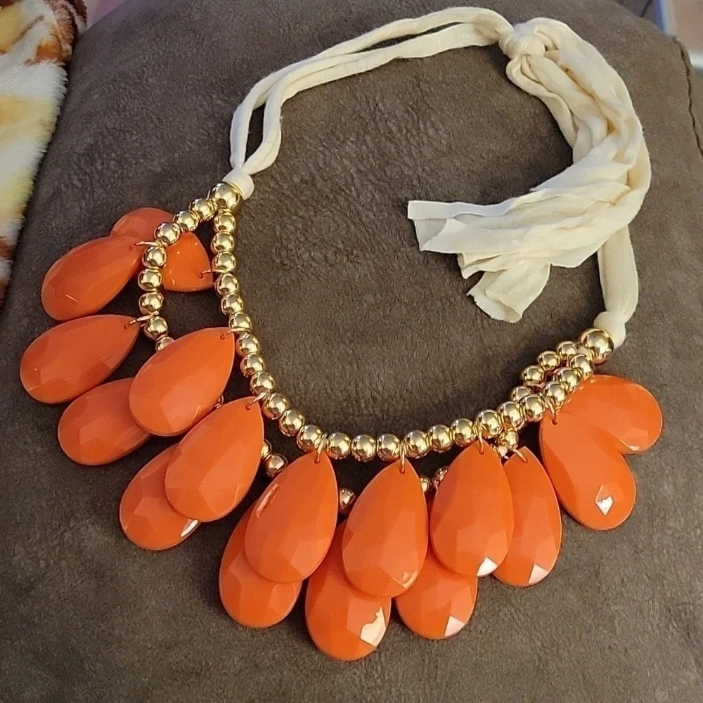 VTG Chandalier Layered Orange Teardrop Fabric Strand Plastron Necklace